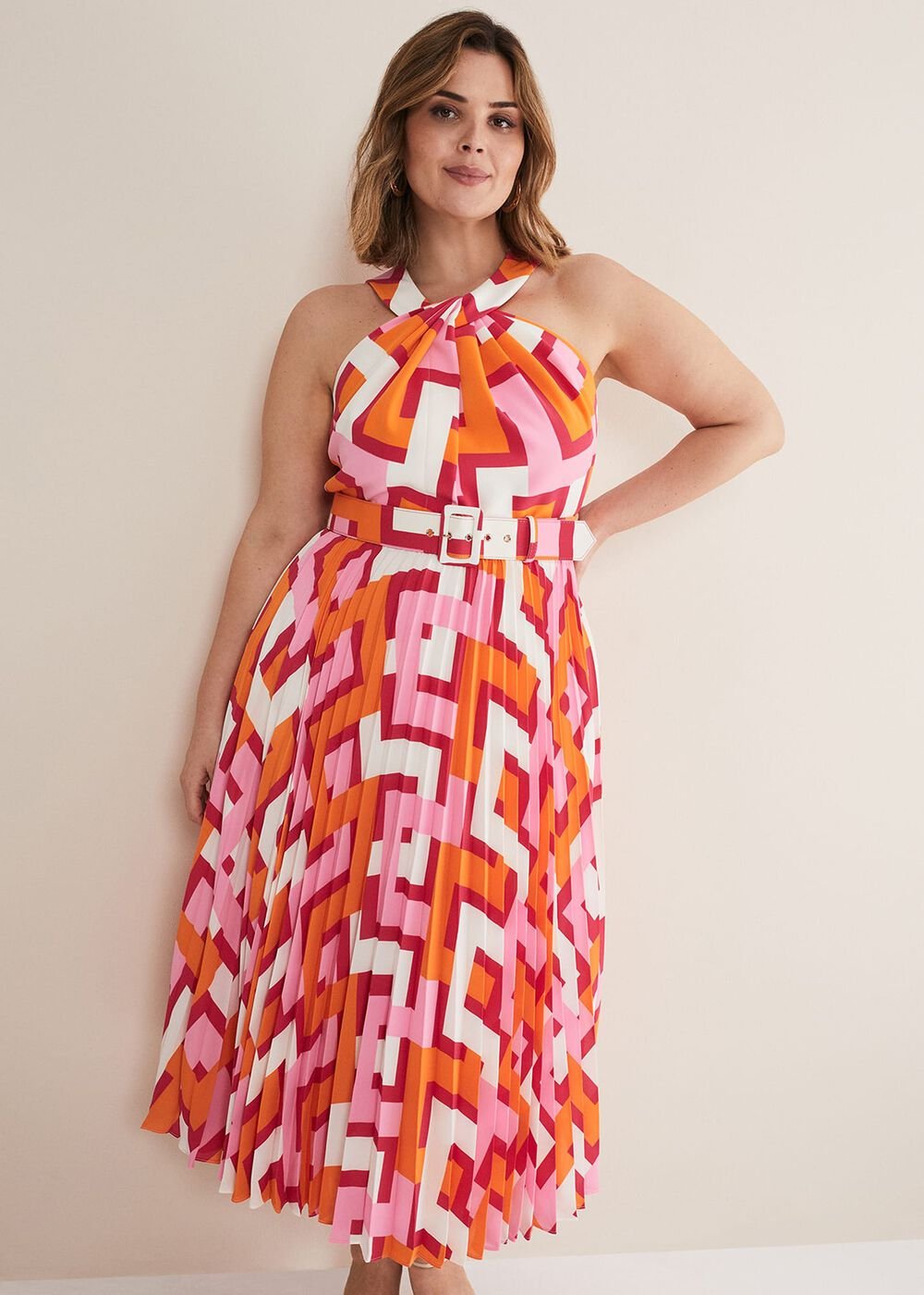 Yas Abstract Halterneck Midi Dress Pink/Orange