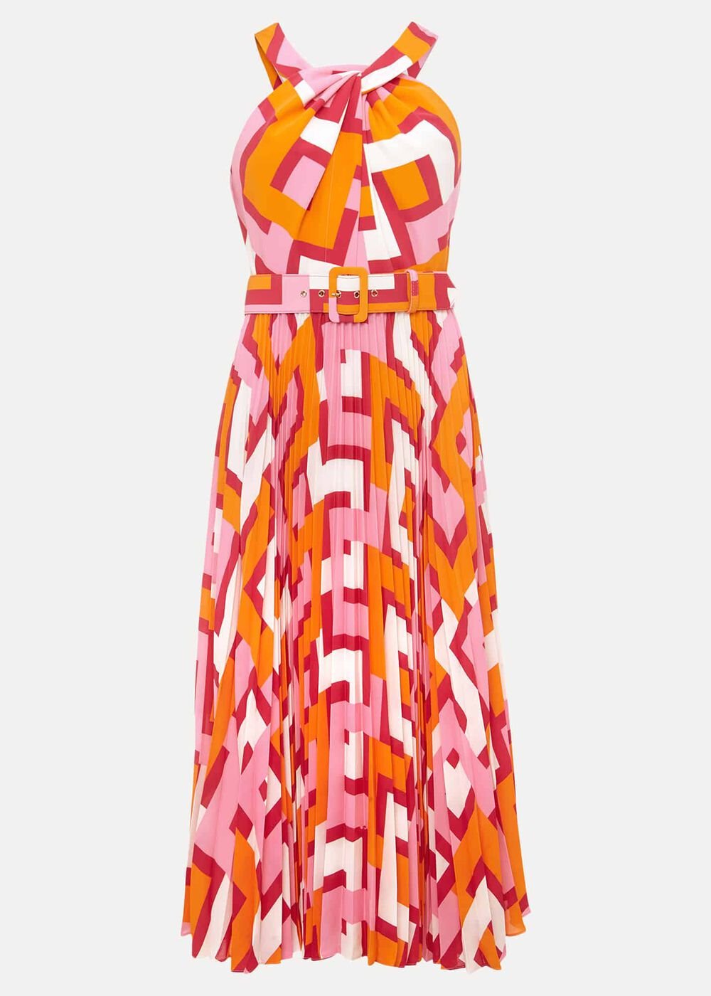 Yas Abstract Halterneck Midi Dress Pink/Orange