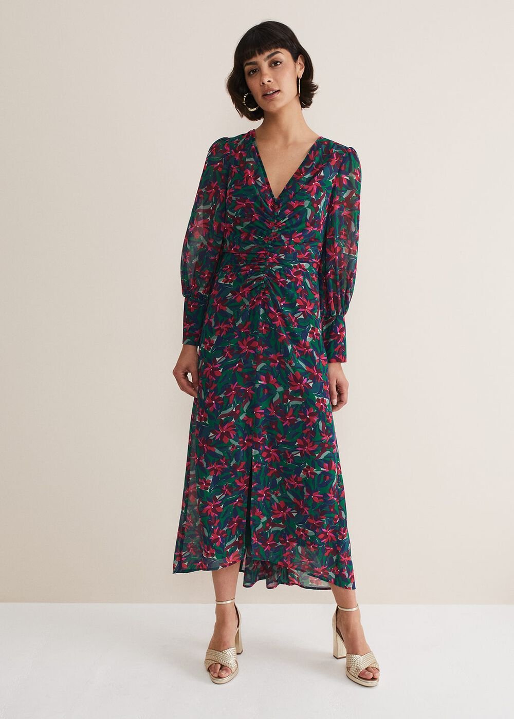 Multicoloured Floral Midi Dress with a Ruched V-Neck Multi-Coloured