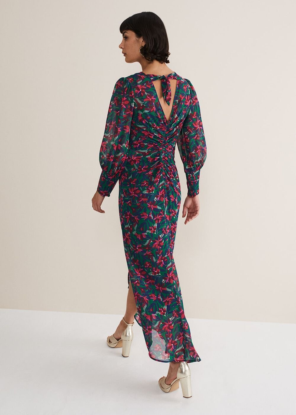 Multicoloured Floral Midi Dress with a Ruched V-Neck Multi-Coloured