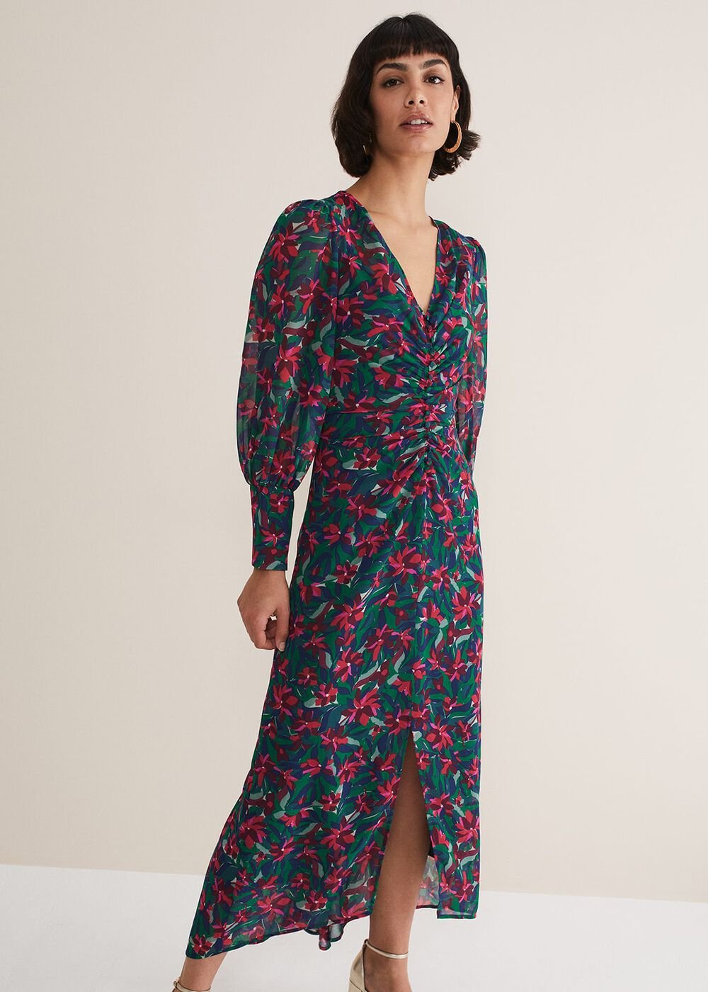 Multicoloured Floral Midi Dress with a Ruched V-Neck Multi-Coloured
