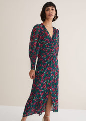 Multicoloured Floral Midi Dress with a Ruched V-Neck Multi-Coloured