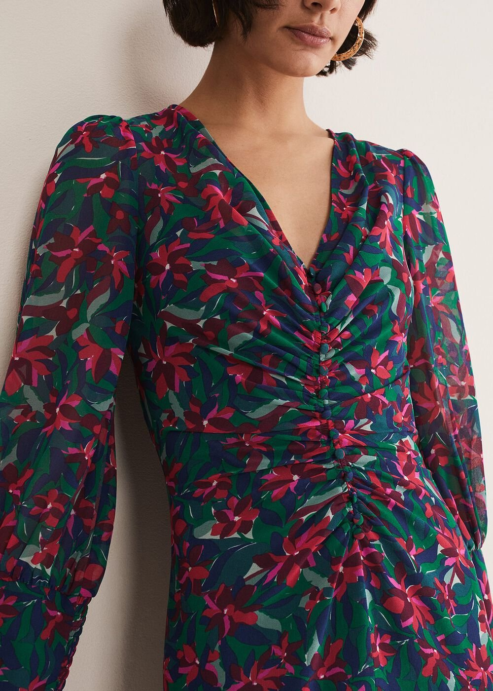 Multicoloured Floral Midi Dress with a Ruched V-Neck Multi-Coloured