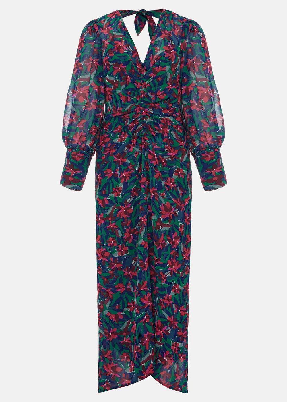 Multicoloured Floral Midi Dress with a Ruched V-Neck Multi-Coloured