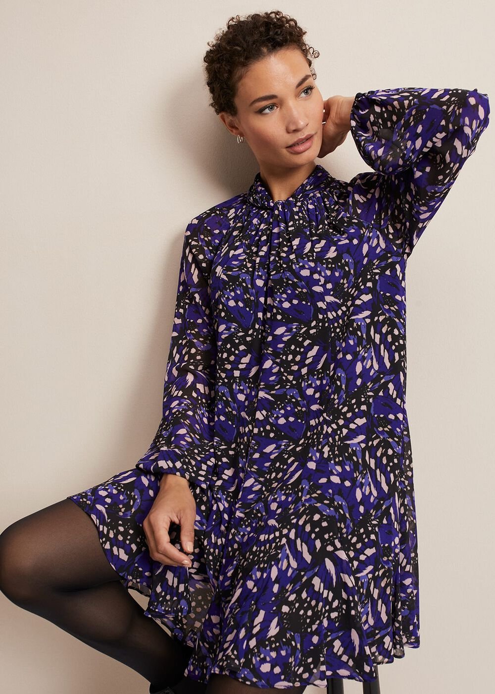 Blue Multicoloured Swing Mini Dress with Long Sleeves Multi-Coloured