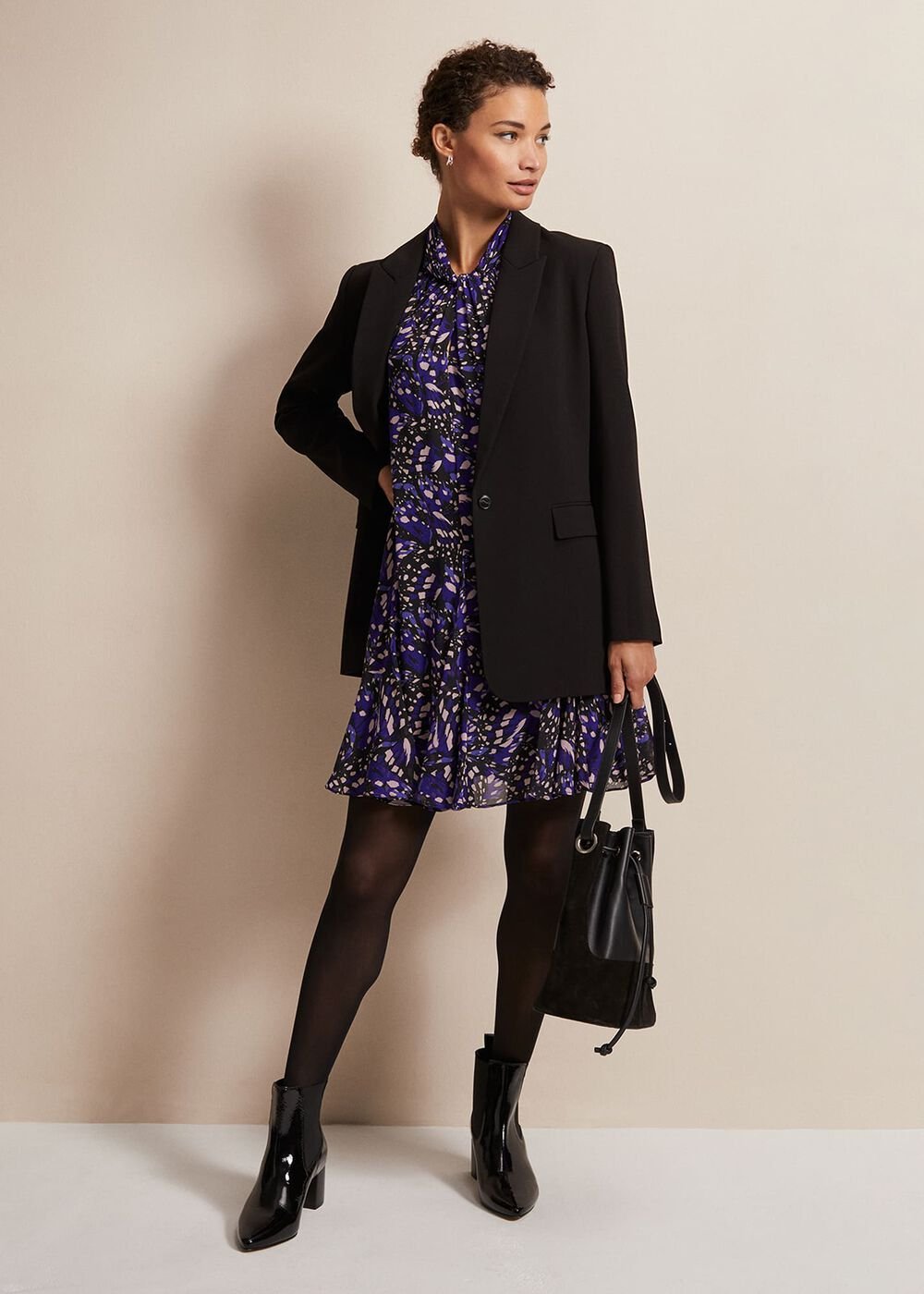 Blue Multicoloured Swing Mini Dress with Long Sleeves Multi-Coloured
