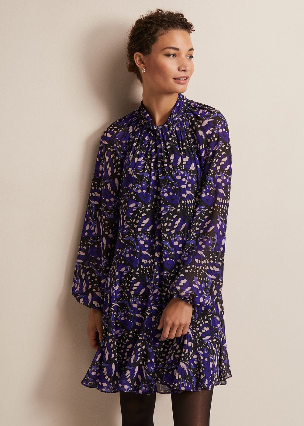 Blue Multicoloured Swing Mini Dress with Long Sleeves Multi-Coloured