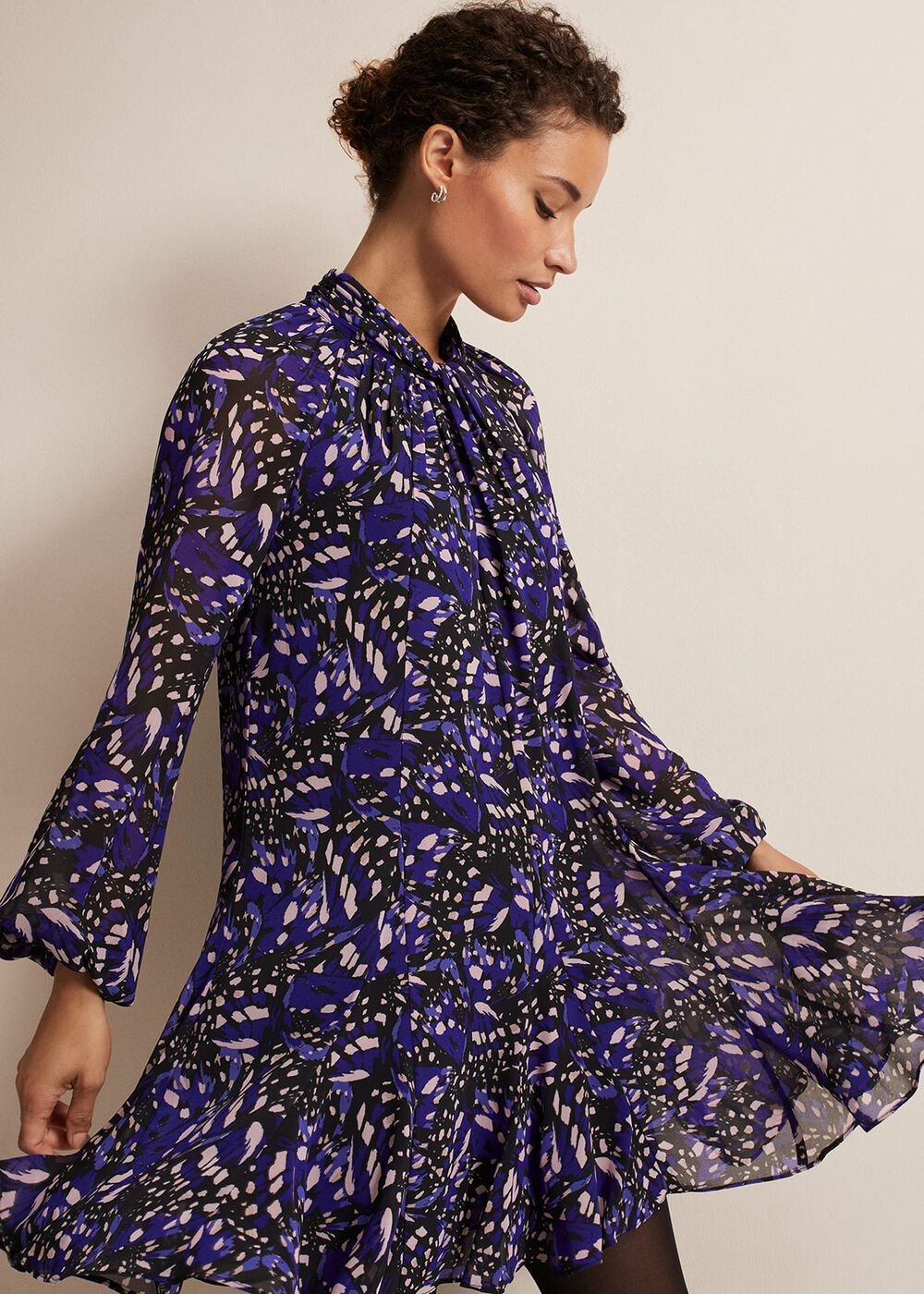 Blue Multicoloured Swing Mini Dress with Long Sleeves Multi-Coloured