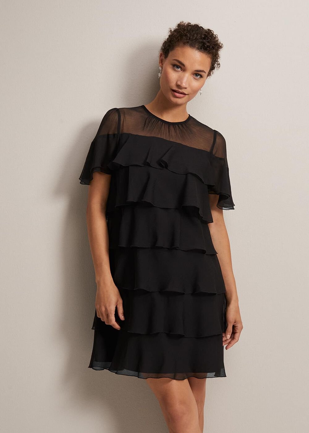Black Tiered Shift Dress with Short Fluttery Sleeves Black
