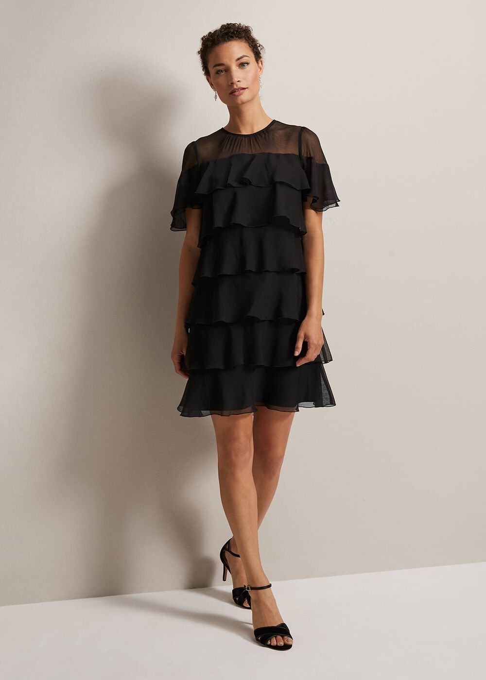 Black Tiered Shift Dress with Short Fluttery Sleeves Black