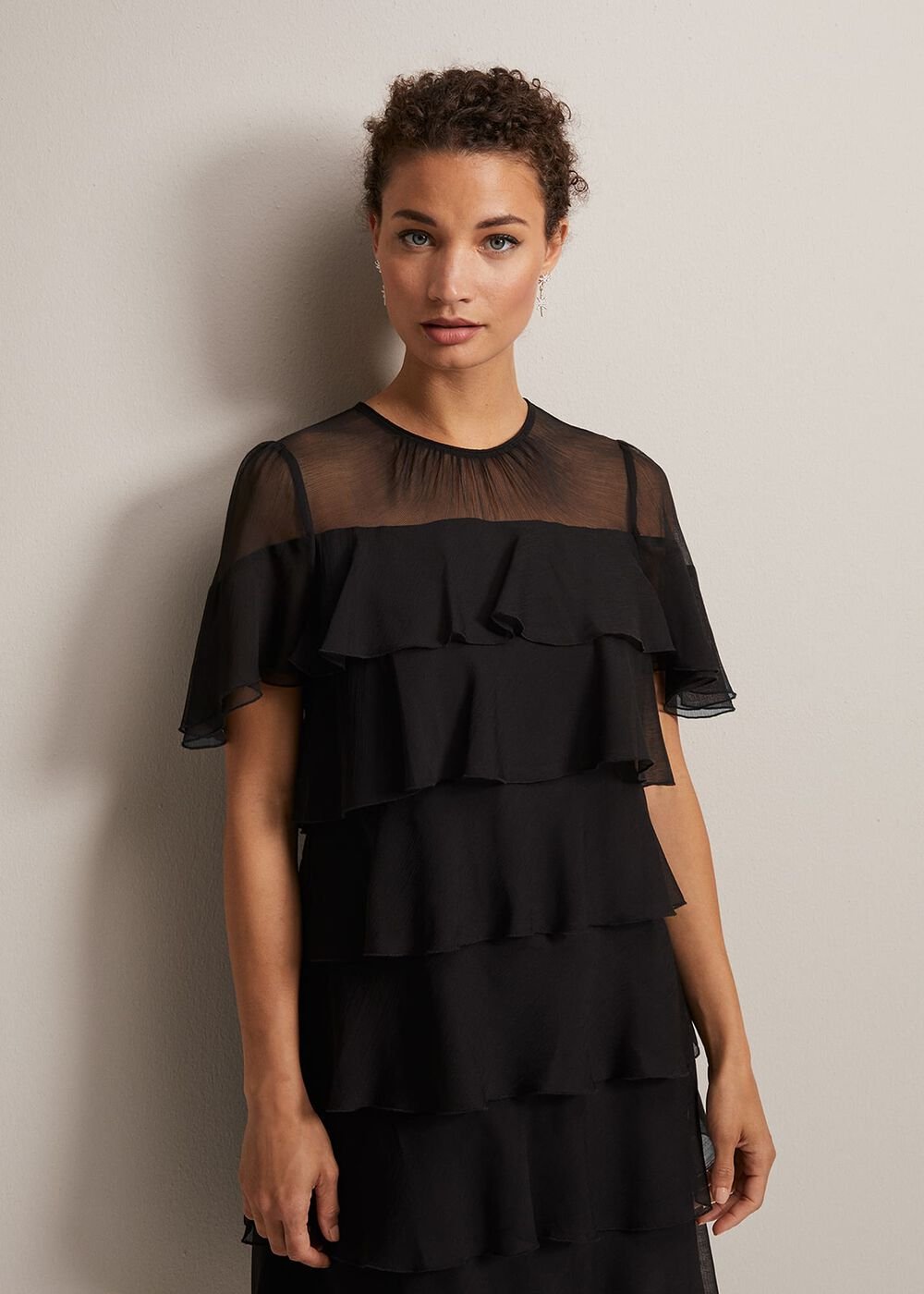 Black Tiered Shift Dress with Short Fluttery Sleeves Black