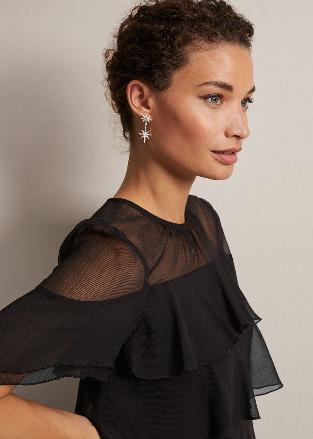 Black Tiered Shift Dress with Short Fluttery Sleeves Black