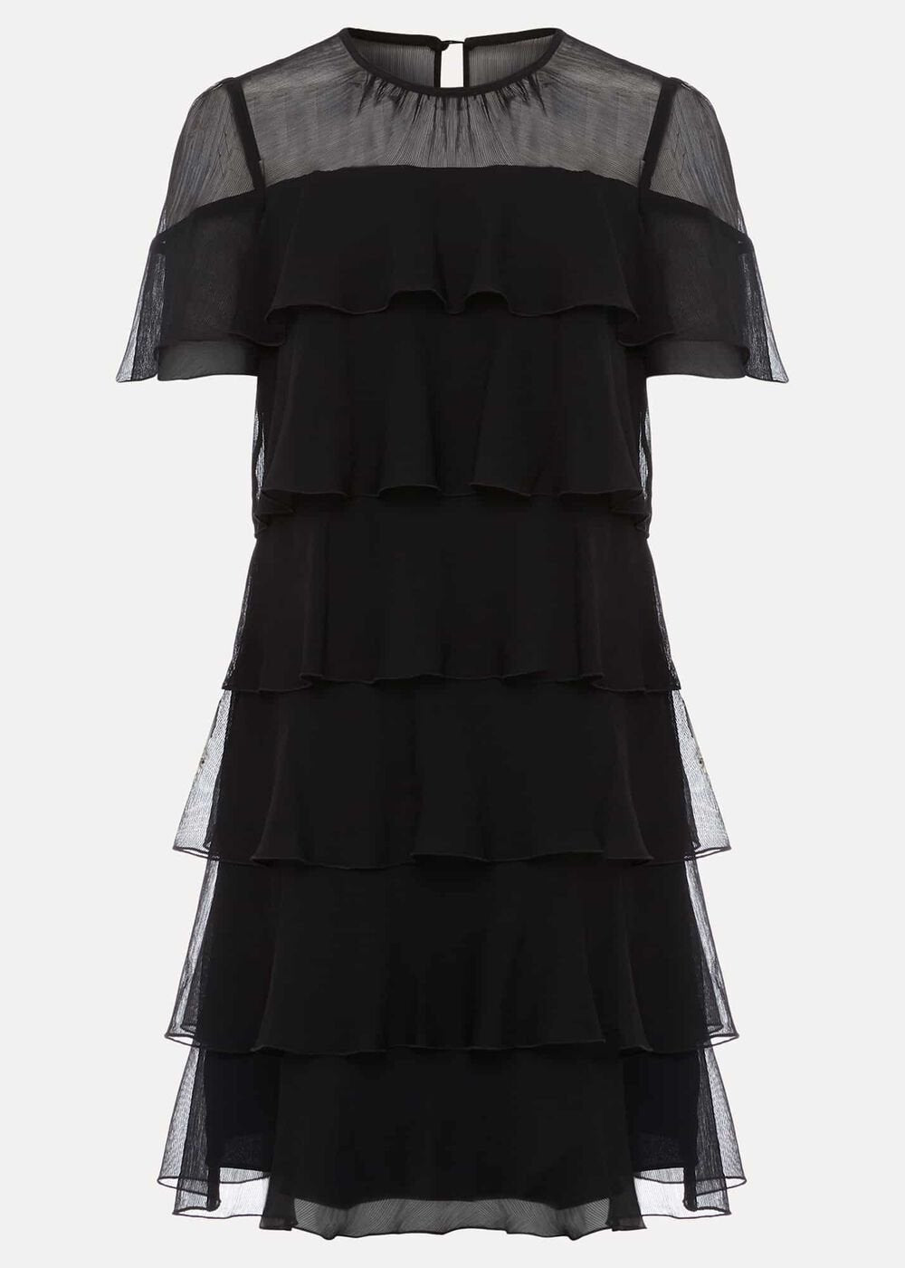 Black Tiered Shift Dress with Short Fluttery Sleeves Black