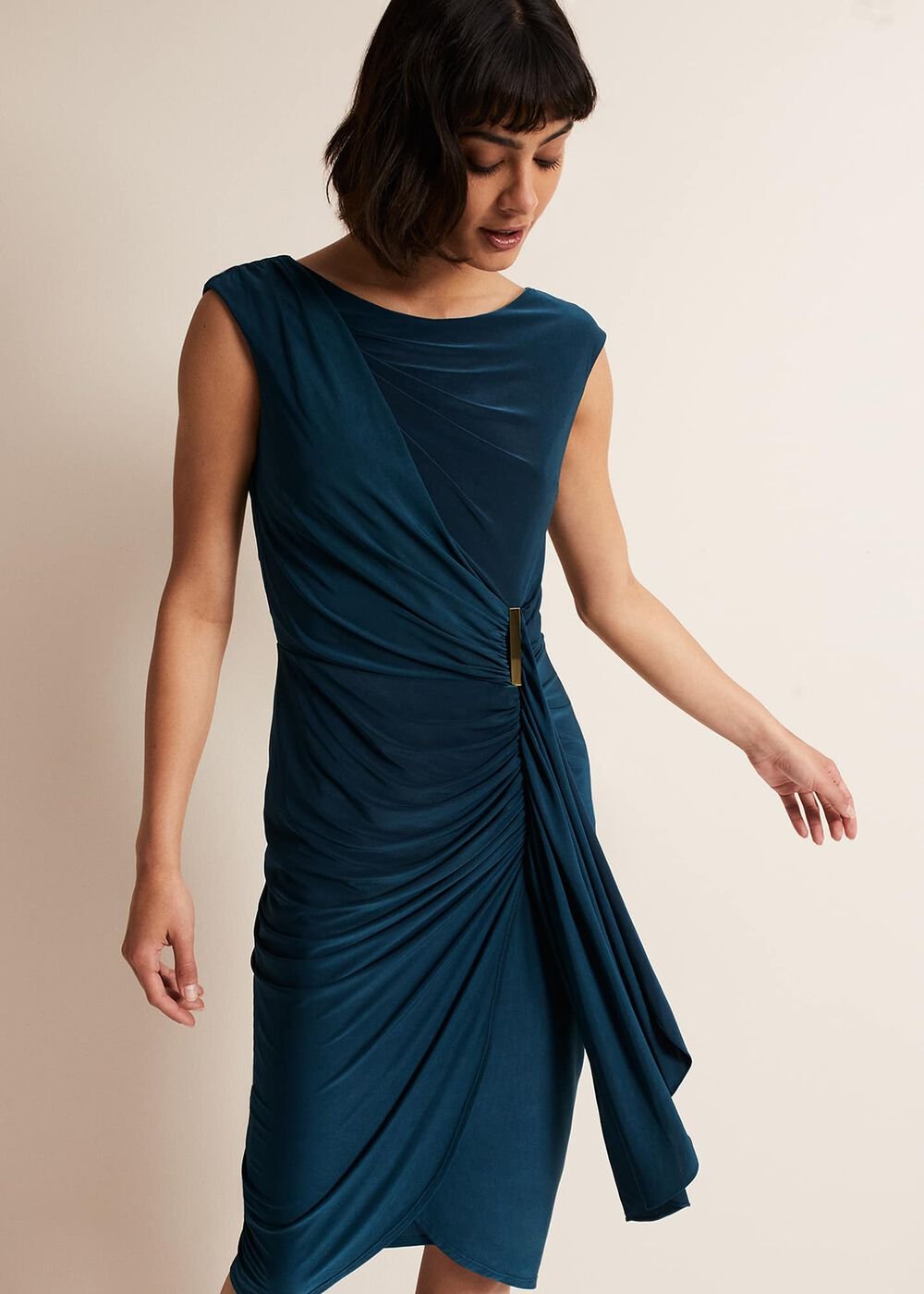 Teal Sleeveless Ruched Bodycon Midi Dress Teal