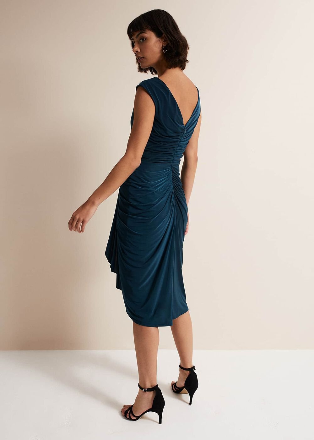 Teal Sleeveless Ruched Bodycon Midi Dress Teal