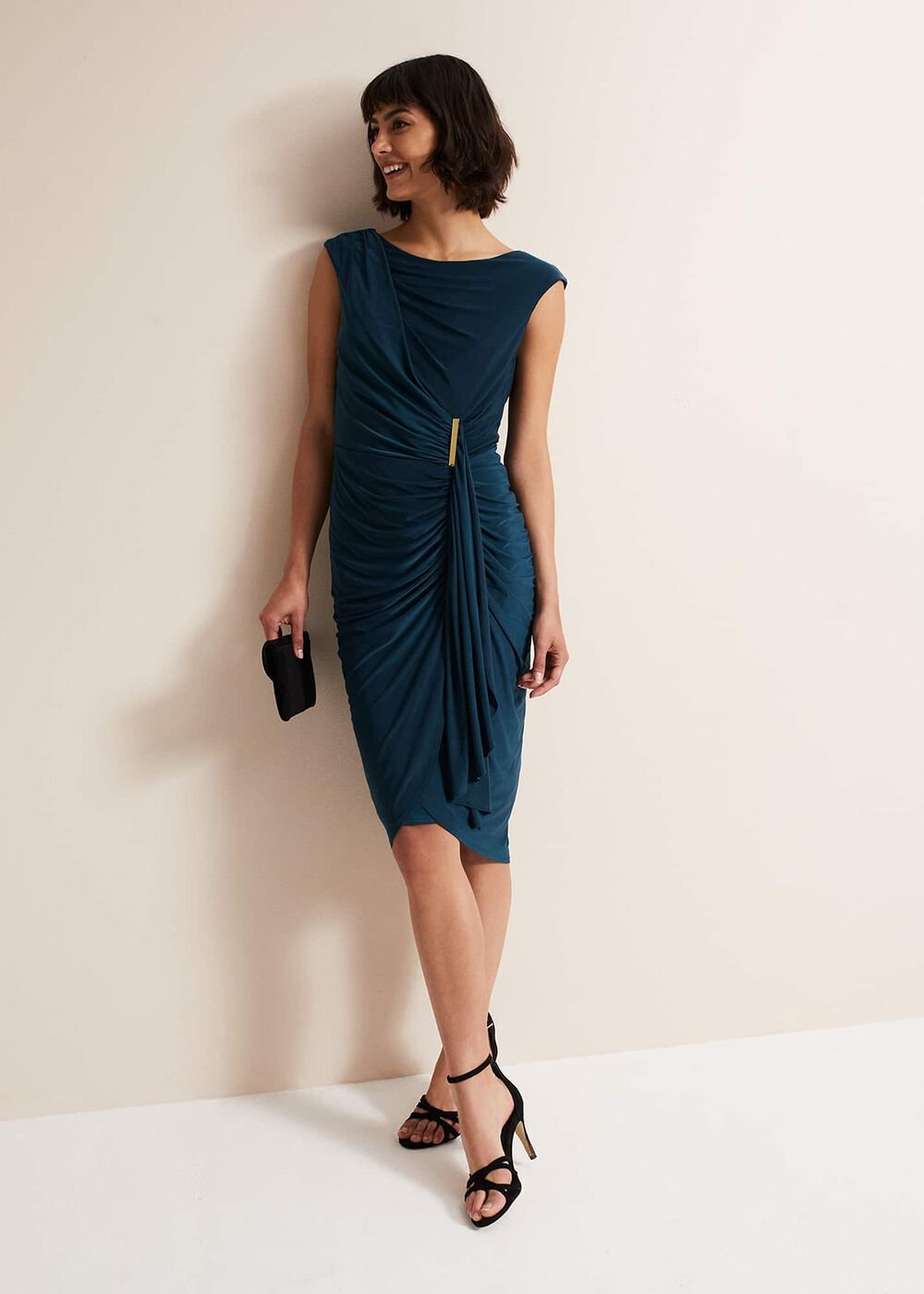 Teal Sleeveless Ruched Bodycon Midi Dress Teal