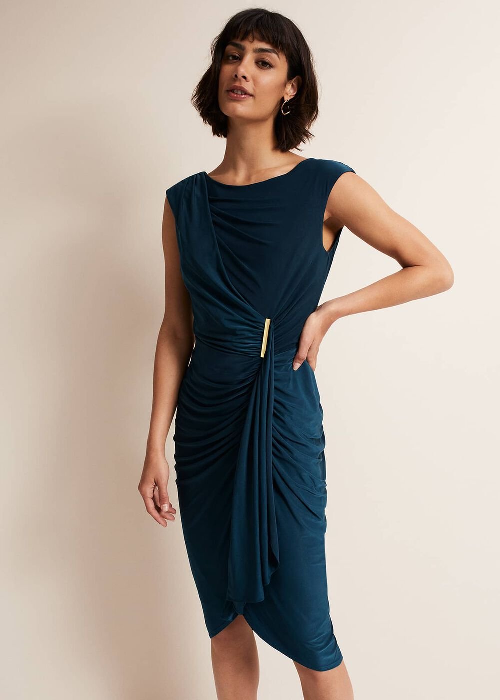 Teal Sleeveless Ruched Bodycon Midi Dress Teal