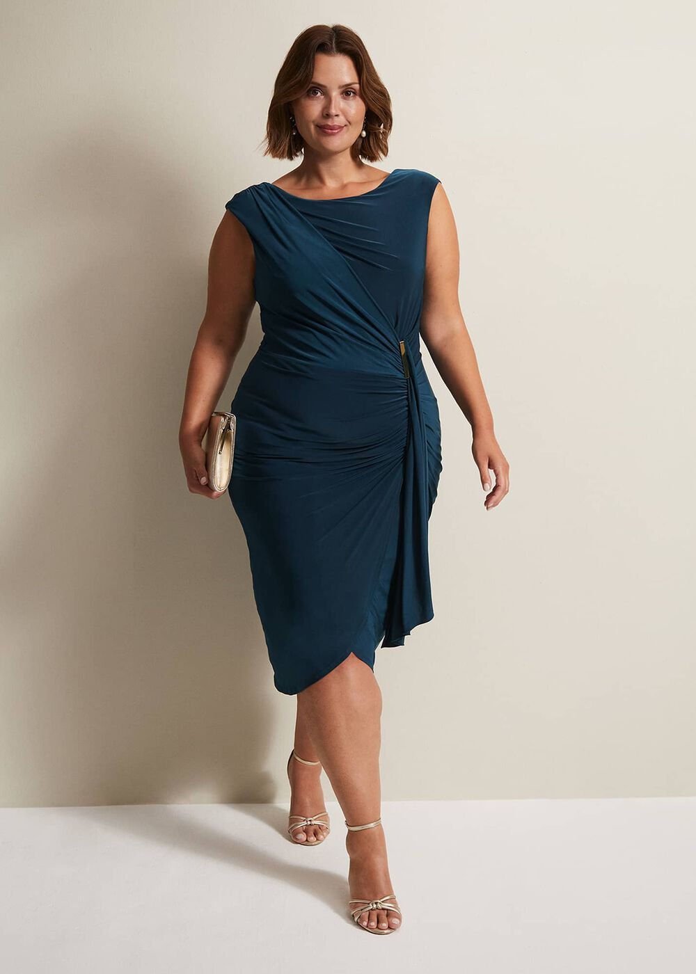 Teal Sleeveless Ruched Bodycon Midi Dress Teal