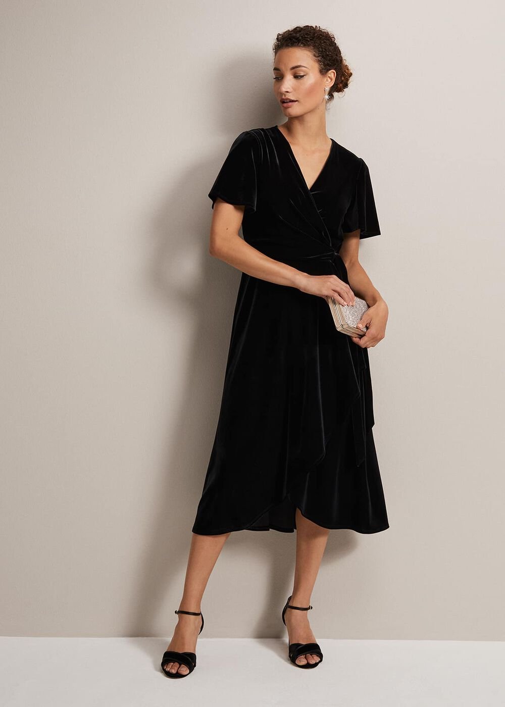 Julissa Velvet Ruffle Wrap Midi Dress Black