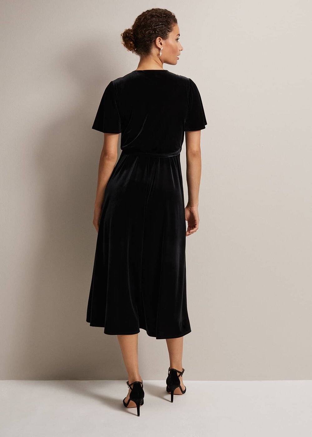 Julissa Velvet Ruffle Wrap Midi Dress Black