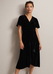 Julissa Velvet Ruffle Wrap Midi Dress Black