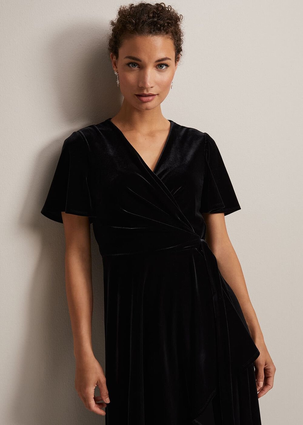 Julissa Velvet Ruffle Wrap Midi Dress Black