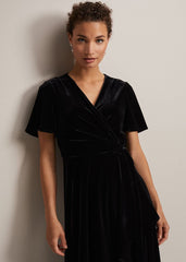 Julissa Velvet Ruffle Wrap Midi Dress Black