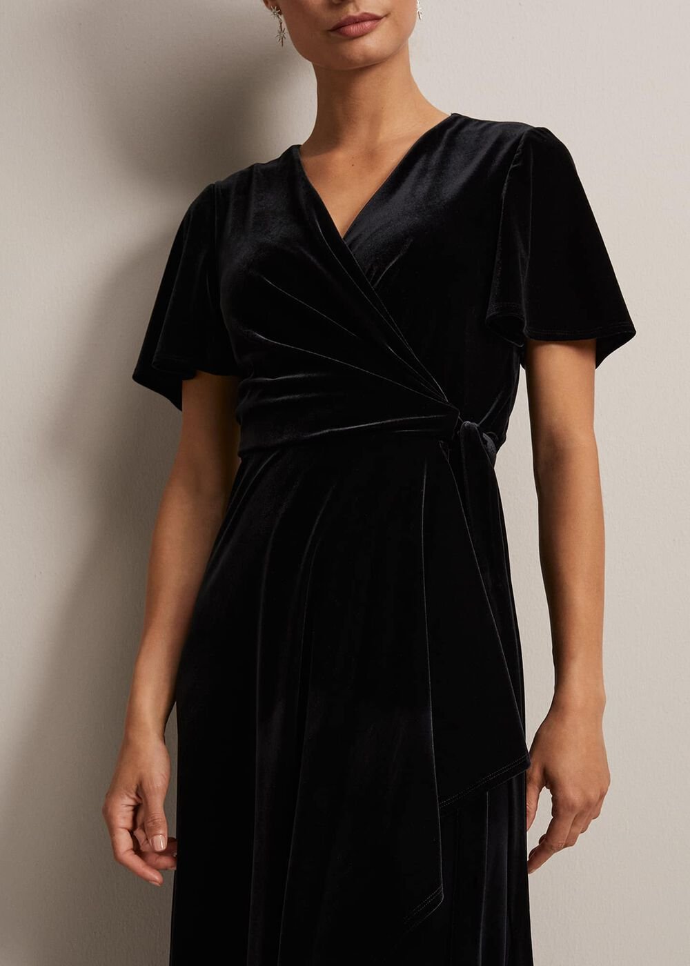 Julissa Velvet Ruffle Wrap Midi Dress Black