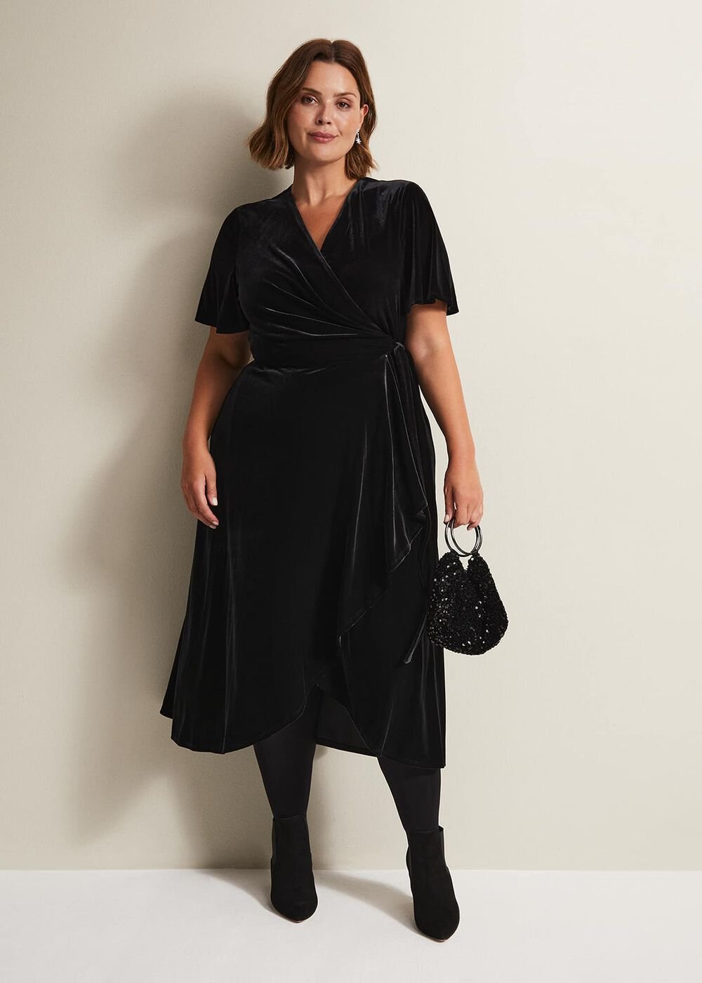 Julissa Velvet Ruffle Wrap Midi Dress Black