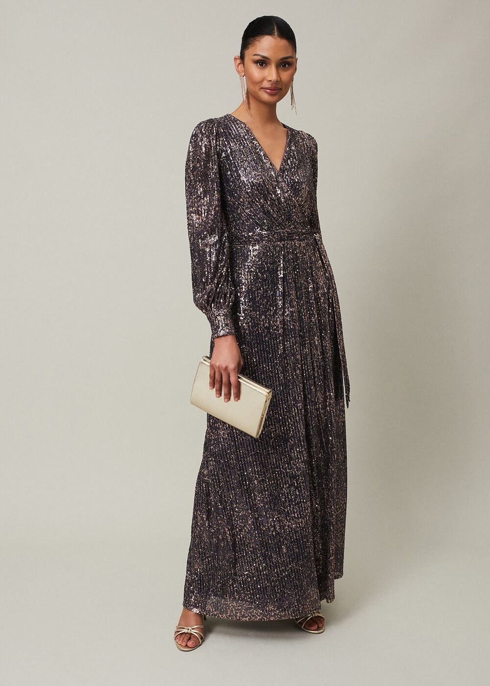 Sequin Maxi Dress with Long Sleeves & Wrap Around Bodice Rose Gold