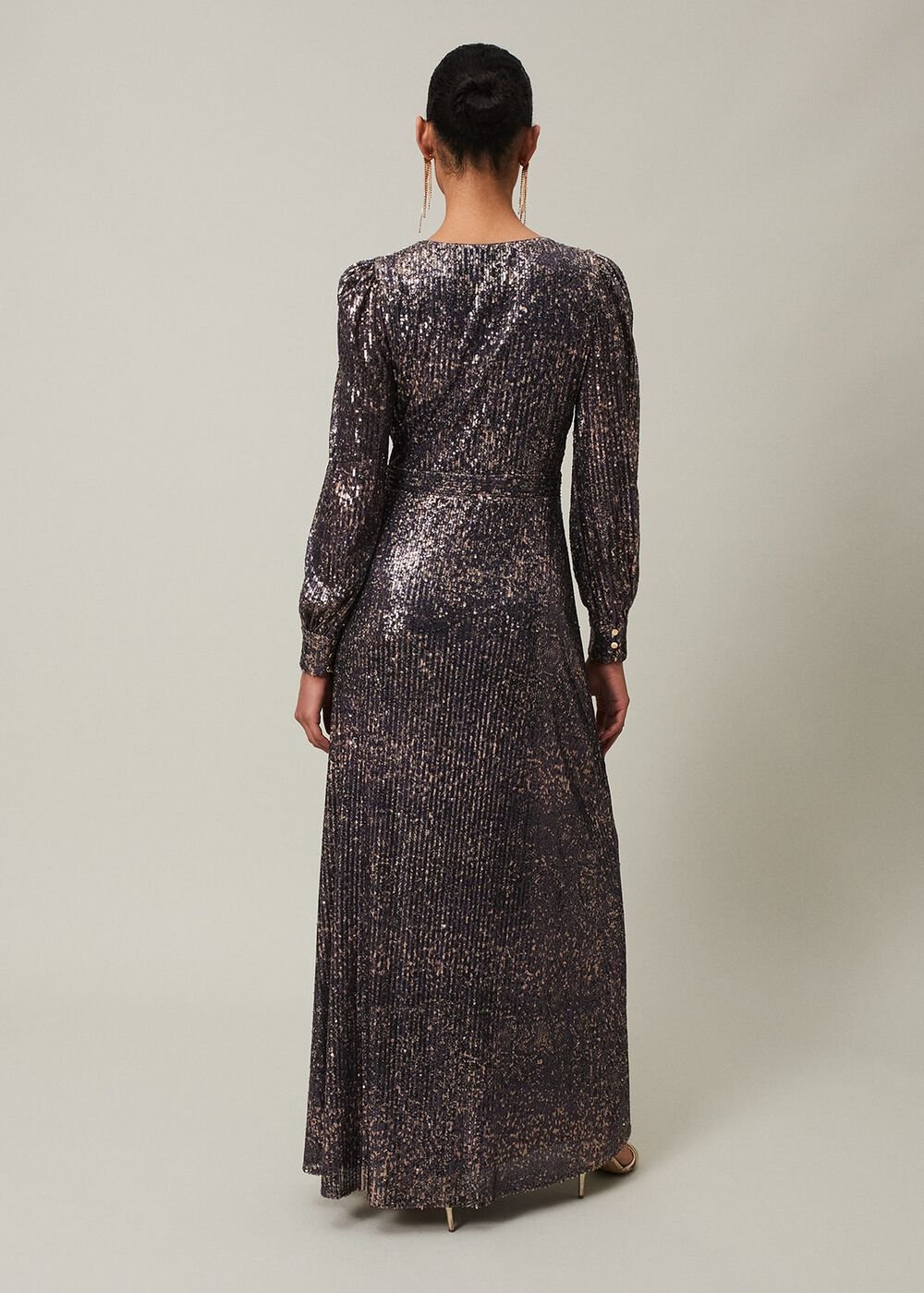 Sequin Maxi Dress with Long Sleeves & Wrap Around Bodice Rose Gold