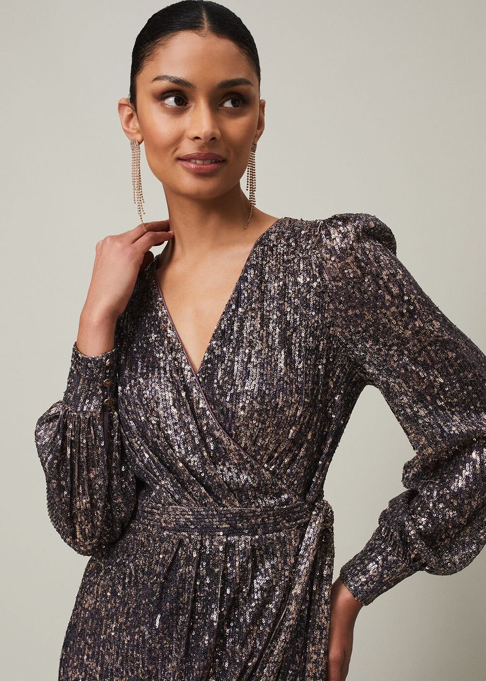 Sequin Maxi Dress with Long Sleeves & Wrap Around Bodice Rose Gold