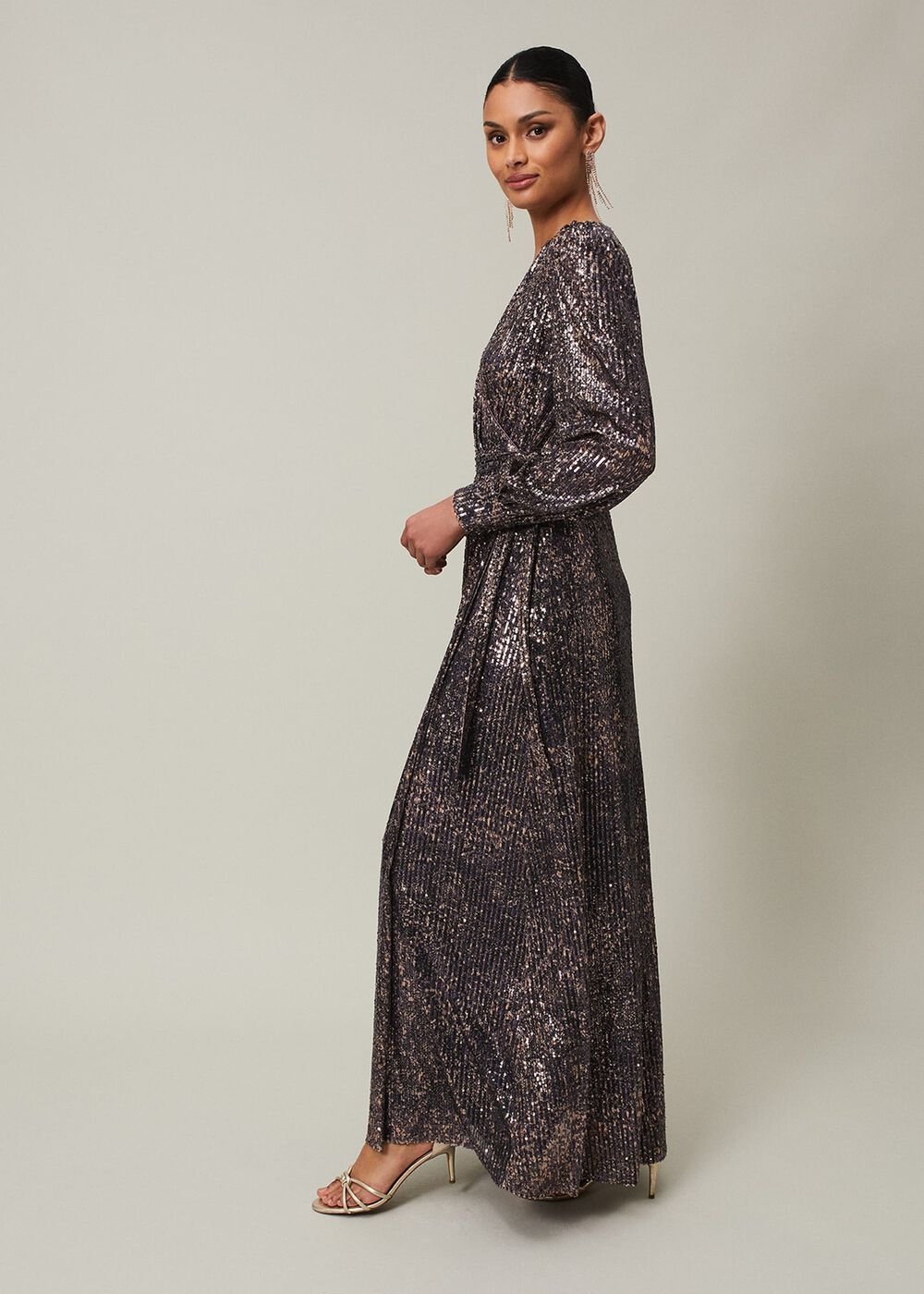 Sequin Maxi Dress with Long Sleeves & Wrap Around Bodice Rose Gold