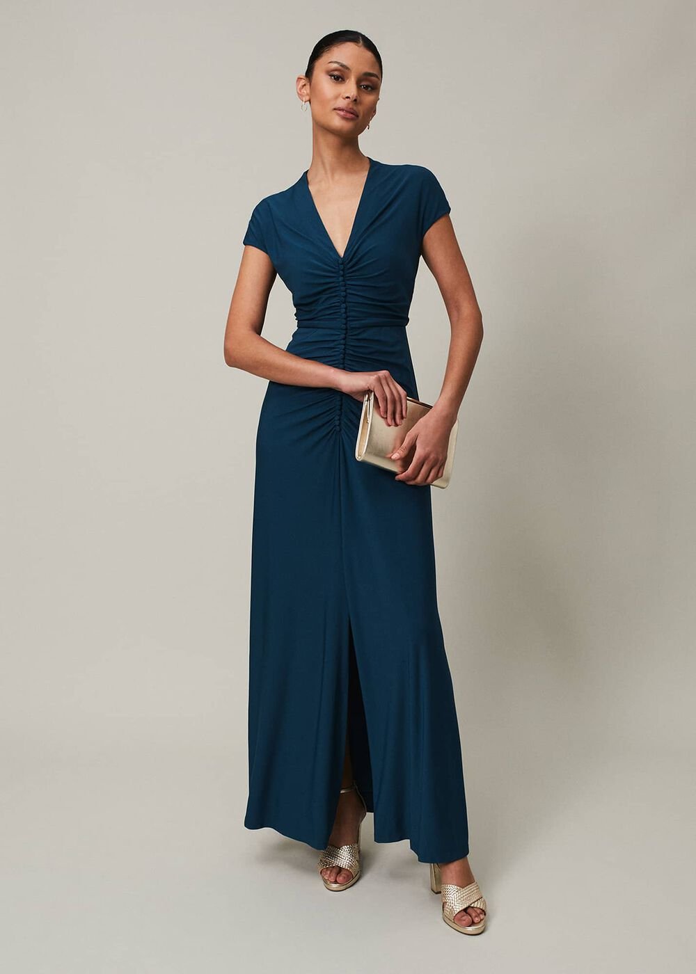 Ruched Maxi Dress with V-Neck & Short Sleeves in Teal Teal