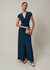 Ruched Maxi Dress with V-Neck & Short Sleeves in Teal Teal