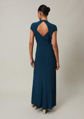 Ruched Maxi Dress with V-Neck & Short Sleeves in Teal Teal