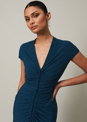 Ruched Maxi Dress with V-Neck & Short Sleeves in Teal Teal
