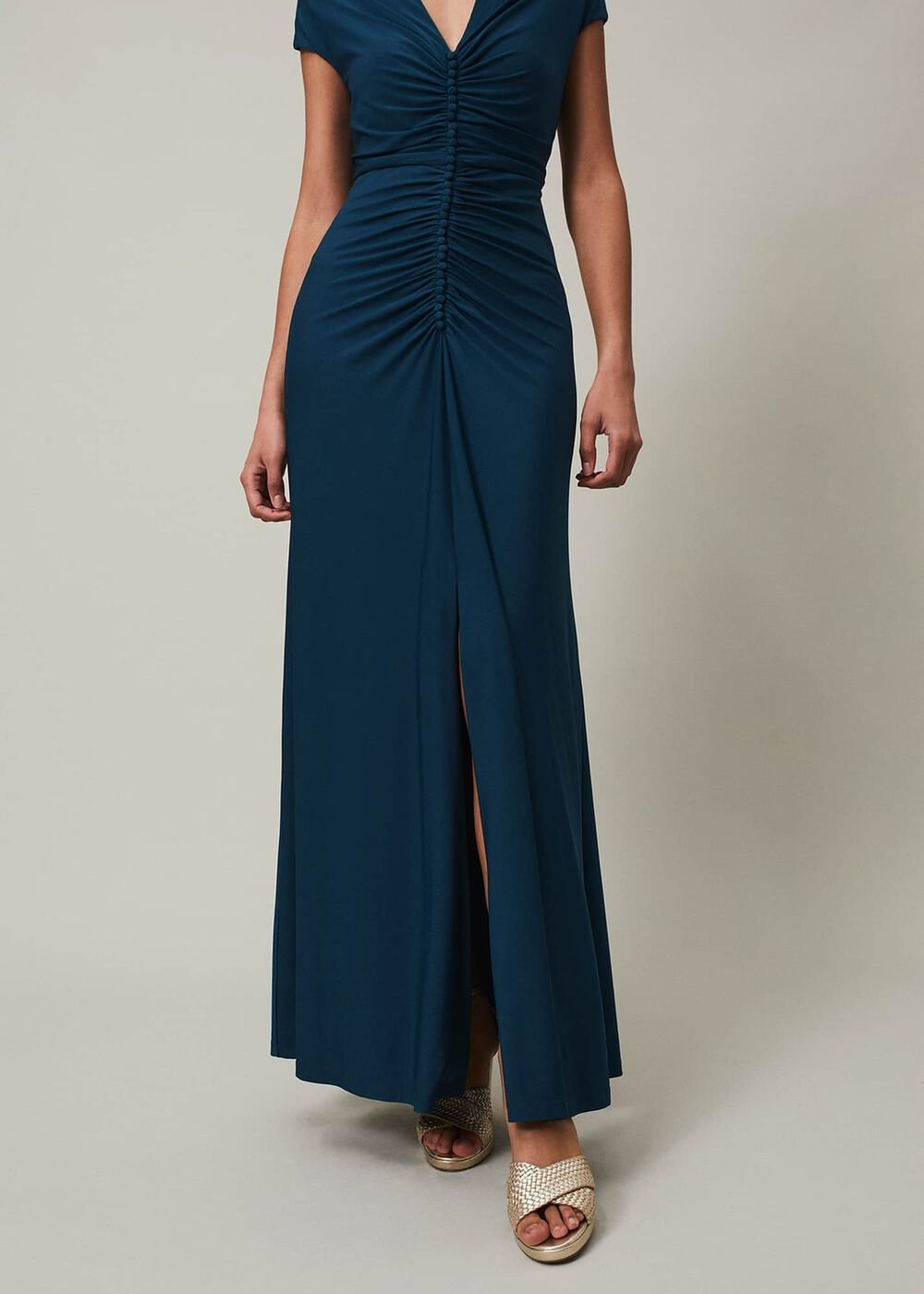 Ruched Maxi Dress with V-Neck & Short Sleeves in Teal Teal