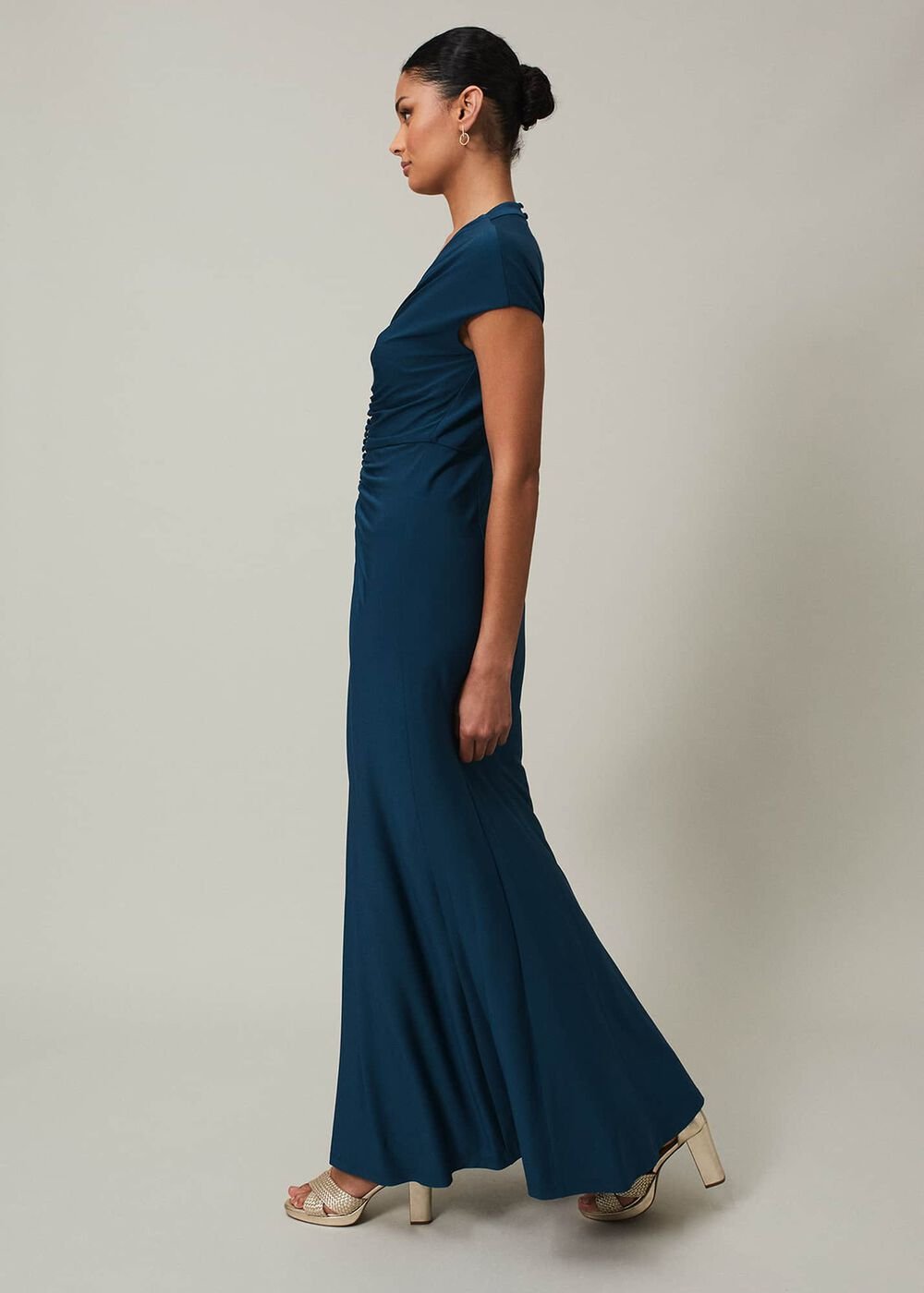 Ruched Maxi Dress with V-Neck & Short Sleeves in Teal Teal