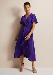 Purple Ruffle Wrap Midi Dress with V-Neck Purple
