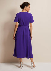 Purple Ruffle Wrap Midi Dress with V-Neck Purple