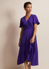 Purple Ruffle Wrap Midi Dress with V-Neck Purple
