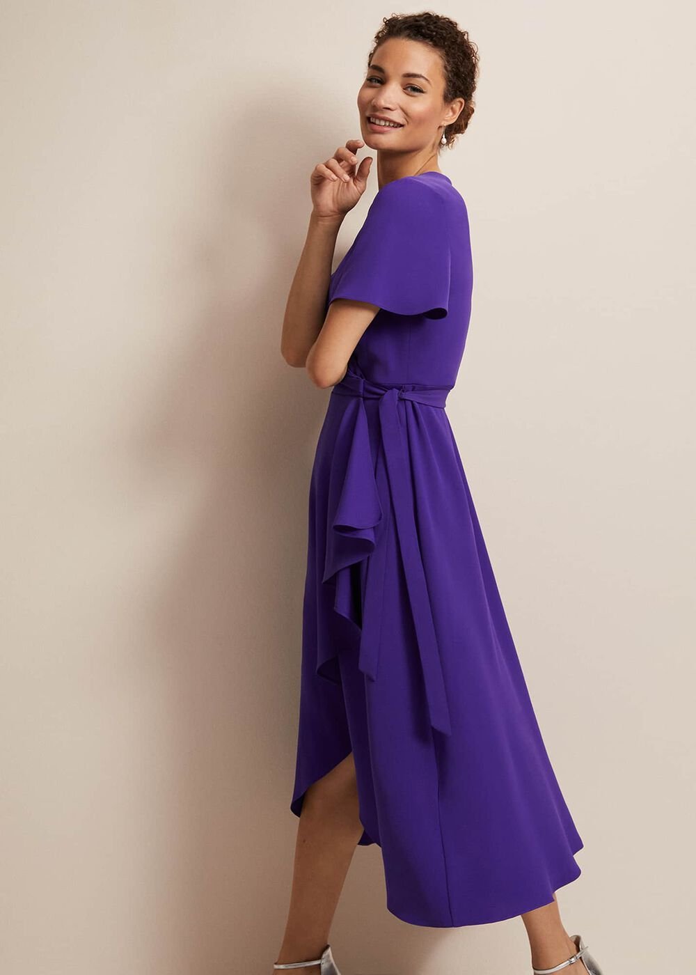 Purple Ruffle Wrap Midi Dress with V-Neck Purple
