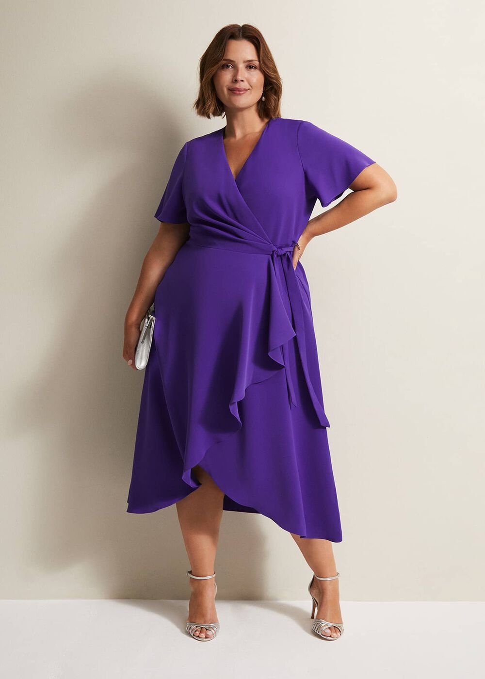 Purple Ruffle Wrap Midi Dress with V-Neck Purple