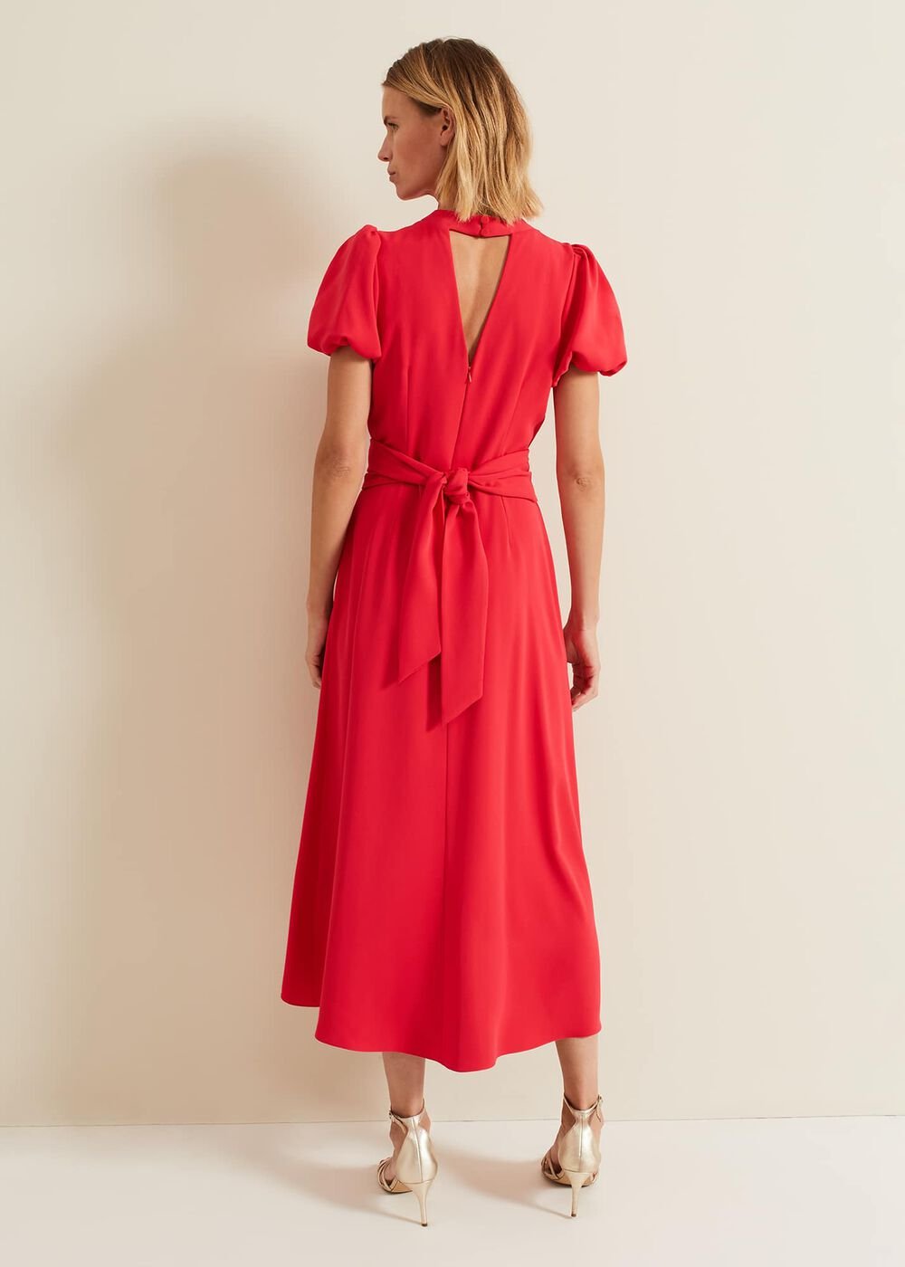 Paulina Coral Puff Sleeve Midi Dress Coral