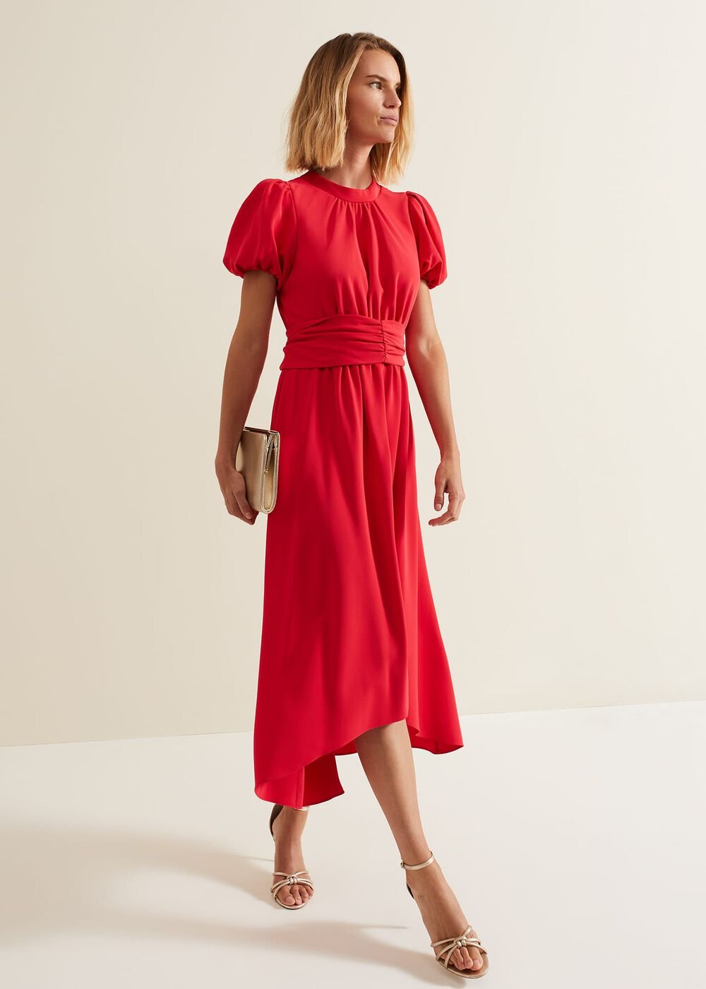 Paulina Coral Puff Sleeve Midi Dress Coral