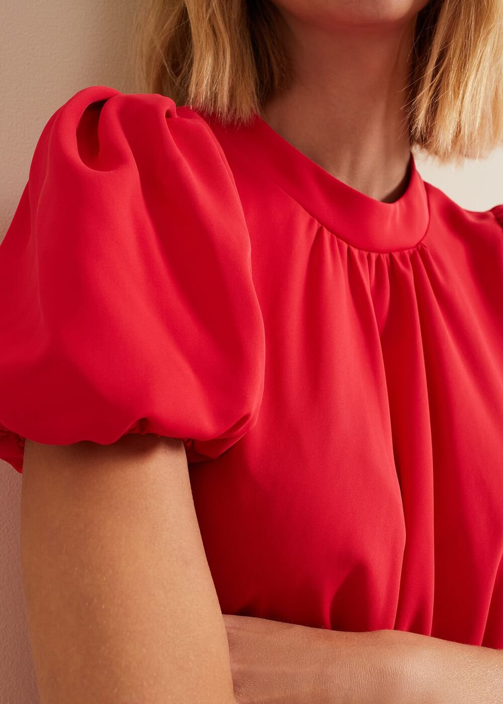 Paulina Coral Puff Sleeve Midi Dress Coral