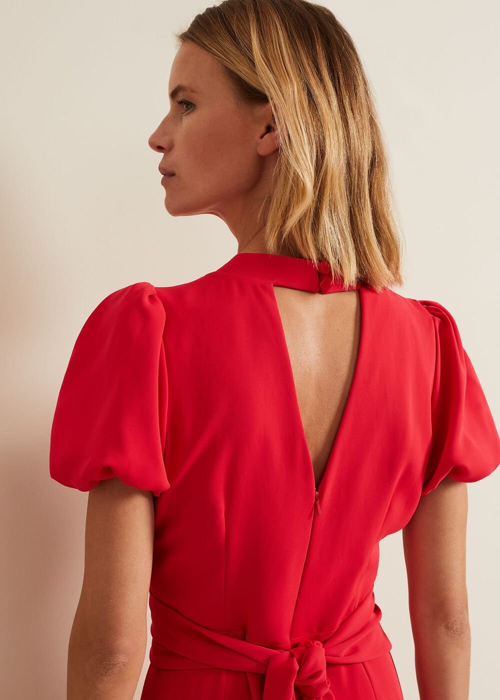Paulina Coral Puff Sleeve Midi Dress Coral