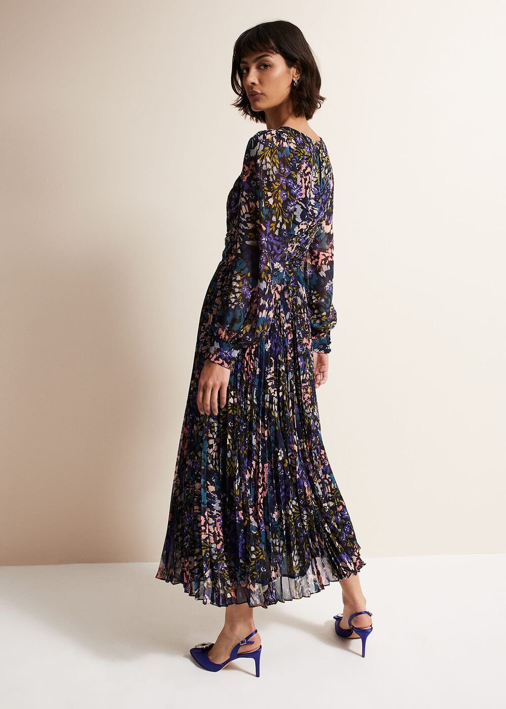 Navy Multicoloured Tie Front Floral Pleated Midi Dress Multi-Coloured