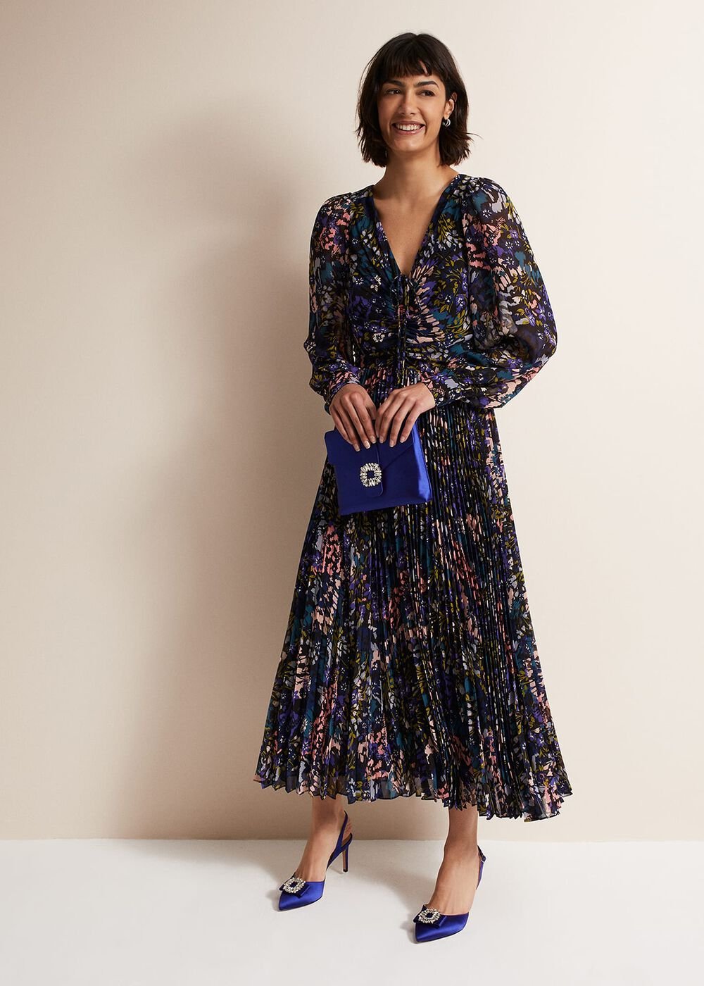 Navy Multicoloured Tie Front Floral Pleated Midi Dress Multi-Coloured